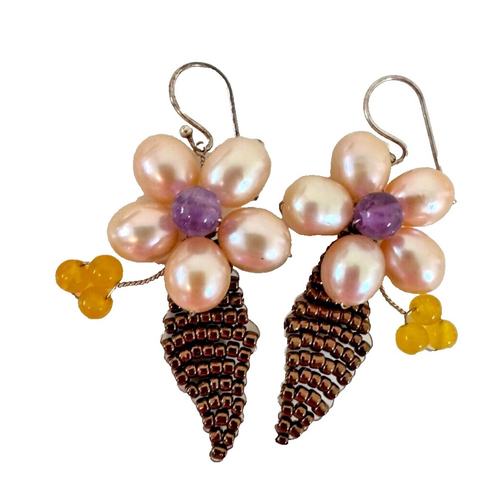 Pink Freshwater Pearl Earrings Amethyst Seed bead Flower Hook Dangle Silver Tone